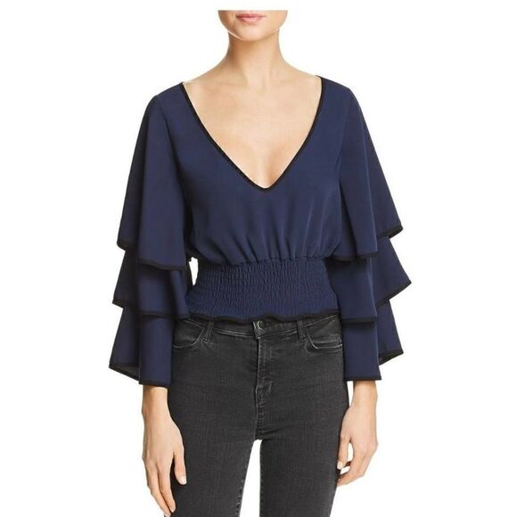 NWT Likely Sloane Top Navy Blue Size XS Tiered Sleeve Cropped - Picture 1 of 7